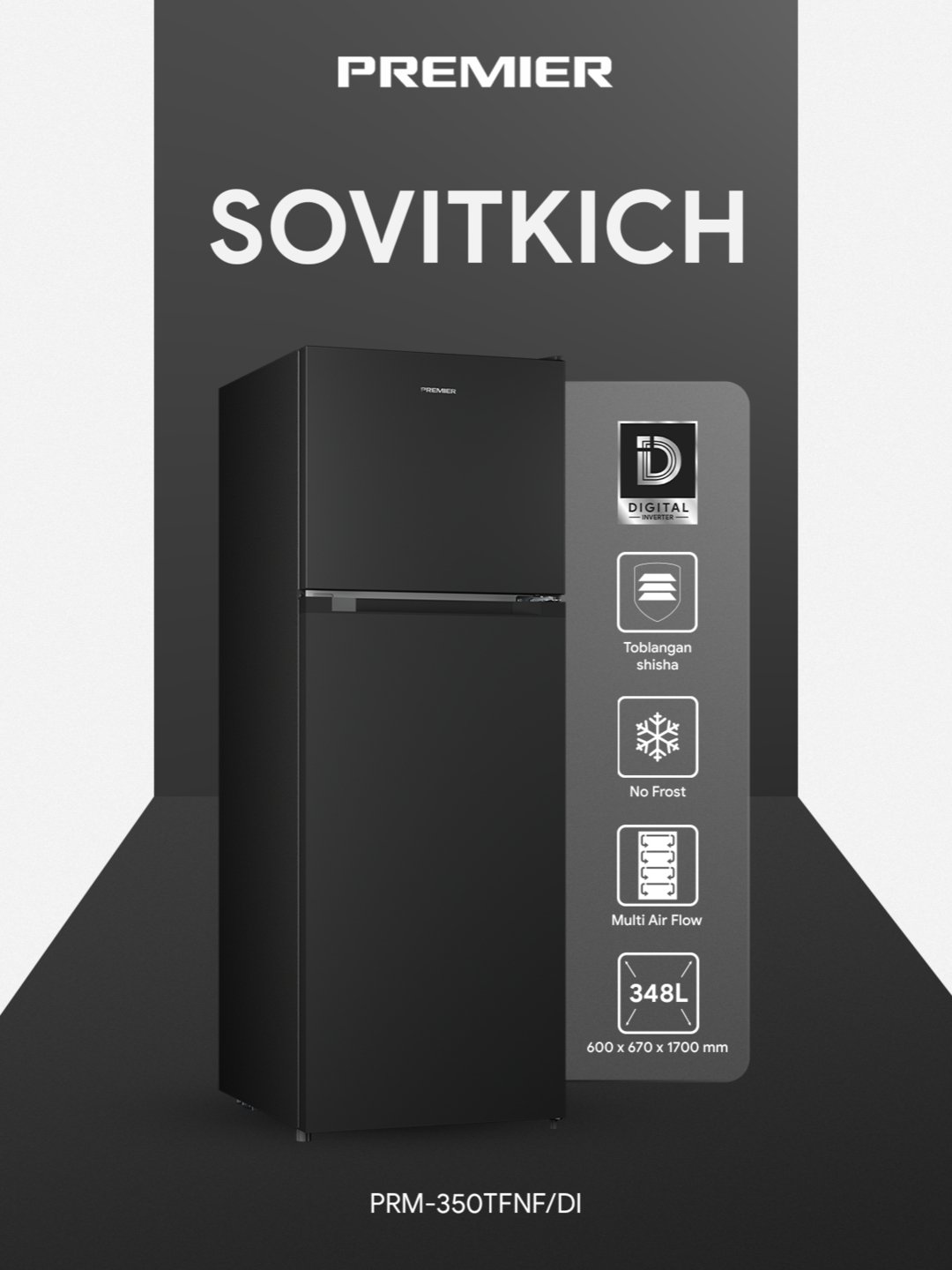 Холодильник Premier PRM-350TFNF, No Frost, Inverter, 348 л Black
