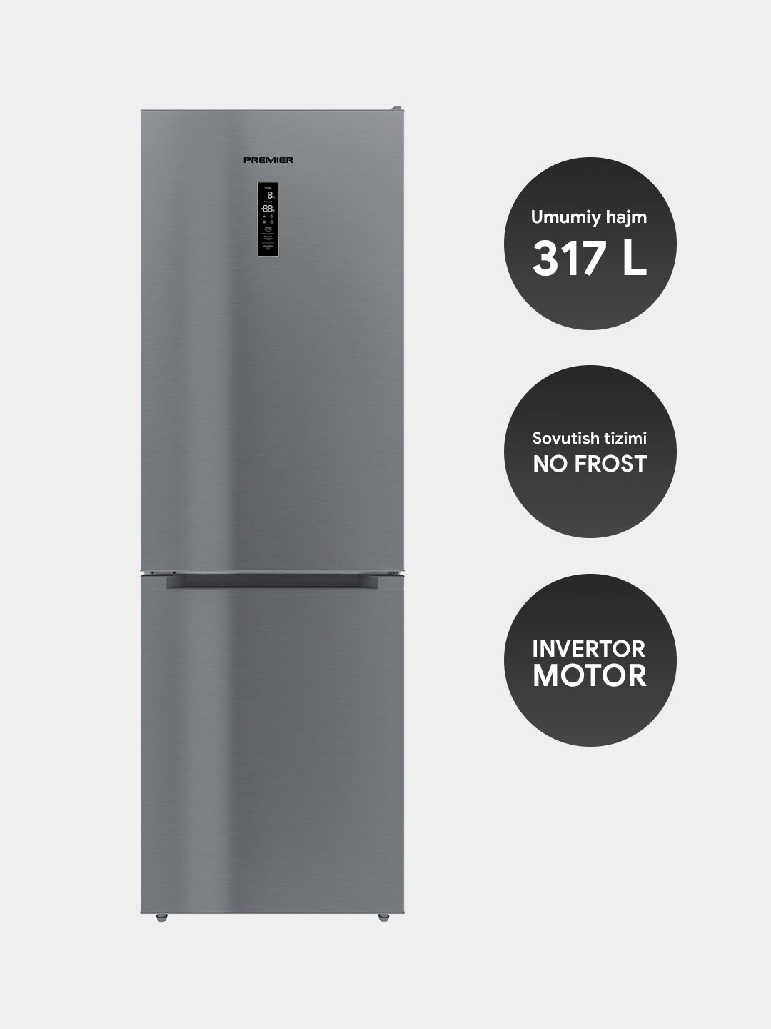 Холодильник Premier PRM-317BFNF, No Frost, Inverter, 317 л Grey