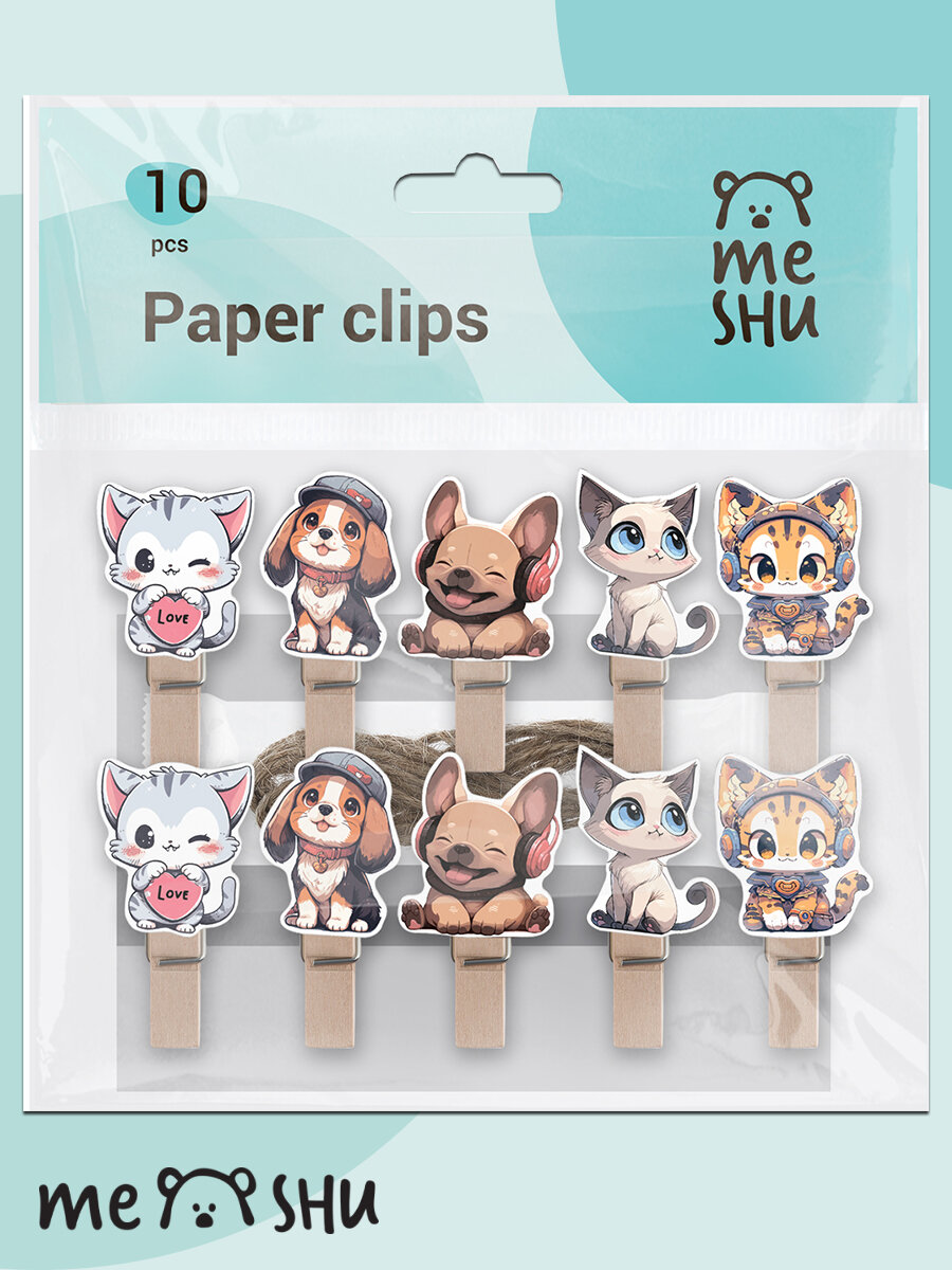 Зажимы MESHU "Cute pets" для бумаг 7мм, 10шт., деревянные, ассорти, опп пакет с европодвесом-2 шт