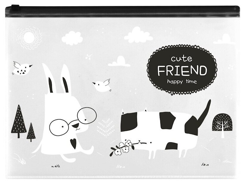 Папка-конверт MeShu "Cute Friend" на zip-молнии А4, 150 мкм, прозрачная с рисунком