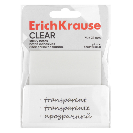 O'z-o'zidan yopishqoq plastik blok ErichKrause Clear, 75x75 mm, 50 varaq, shaffof 61636