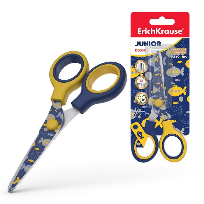 Ножницы ErichKrause Junior Decor Submarine, с принтом на лезвиях, 13см (в блистере по 1 шт.) 58348