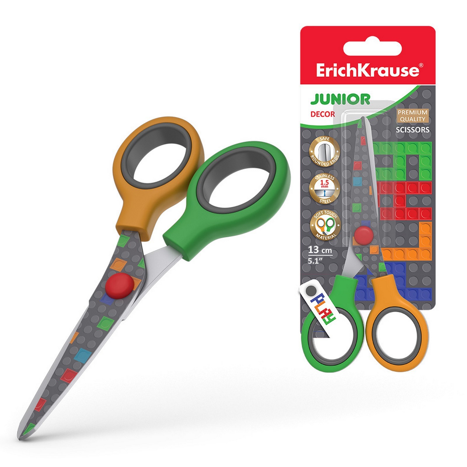 Ножницы ErichKrause Junior Decor, Color Bricks с принтом на лезвиях, 13см (в блистере по 1 шт.) 58346