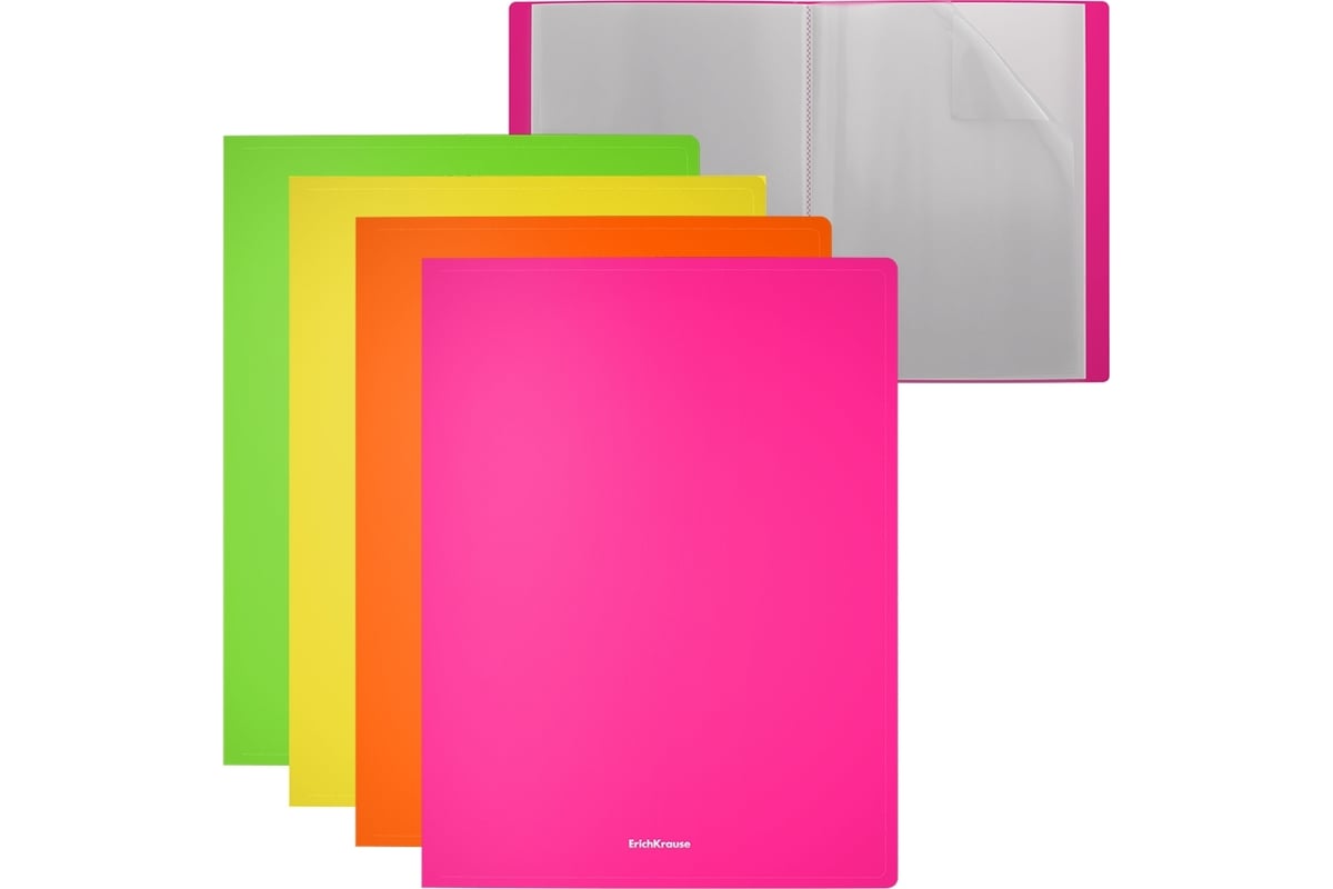 Plastmassa fayl papkasi ErichKrause Matt Neon, 40 ta ichki faylli, A4, assortiment, 1 qadoqda 4 dona