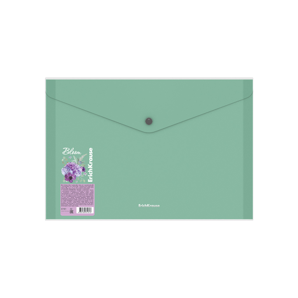 Папка-конверт ErichKrause "Matt Pastel Bloom", A4, на кнопке, пластиковая, 4 цветных отделения, прозрачная, в упаковке по 4 шт