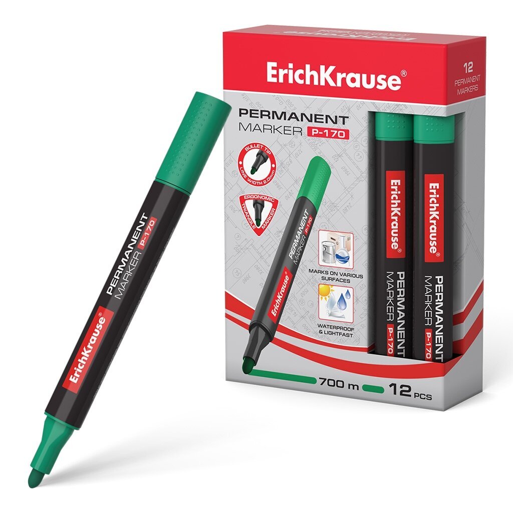 Перманентный маркер ErichKrause P-170, Green, в коробке по 12 шт