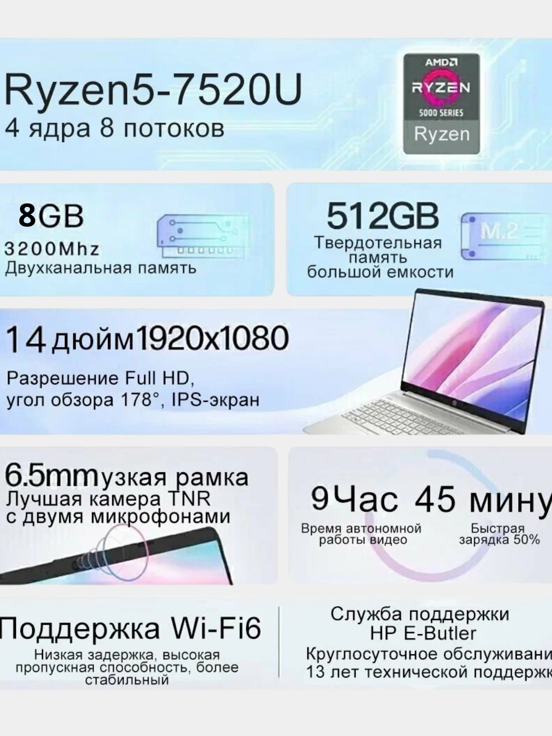 Noutbuk HP R5-7520U 8/512GB SSD 15.6FHD